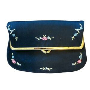 Vintage Bond Street Original Floral Embroidered Black Wallet Purse EUC